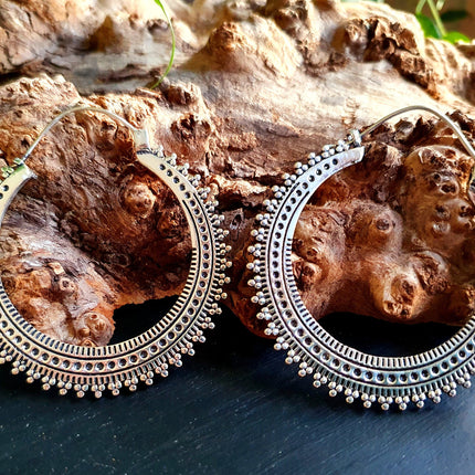 Large Silver Hoop Earrings; Boho Ear Weights Ethnic Rustic Indian Festival Psy Gypsy Spiral Hippie style