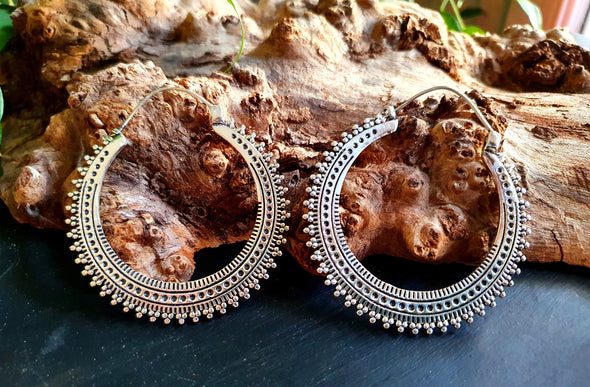 Large Silver Hoop Earrings; Boho Ear Weights Ethnic Rustic Indian Festival Psy Gypsy Spiral Hippie style