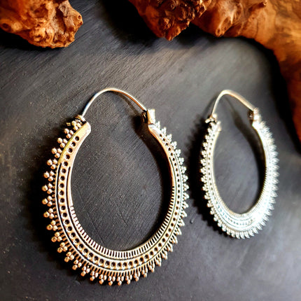 Large Silver Hoop Earrings; Boho Ear Weights Ethnic Rustic Indian Festival Psy Gypsy Spiral Hippie style