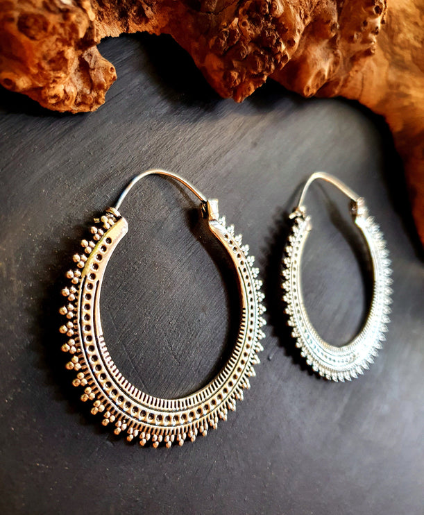 Large Silver Hoop Earrings; Boho Ear Weights Ethnic Rustic Indian Festival Psy Gypsy Spiral Hippie style