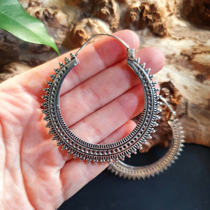 Large Silver Hoop Earrings; Boho Ear Weights Ethnic Rustic Indian Festival Psy Gypsy Spiral Hippie style