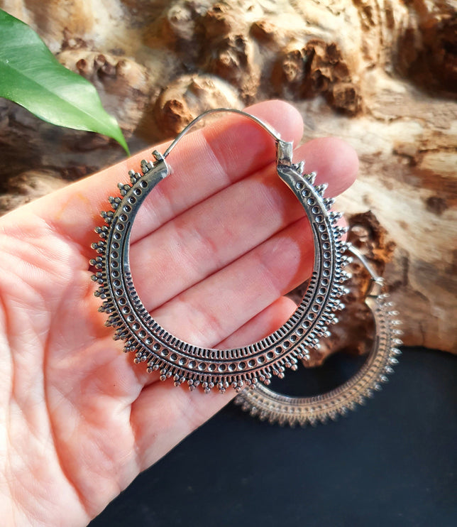 Large Silver Hoop Earrings; Boho Ear Weights Ethnic Rustic Indian Festival Psy Gypsy Spiral Hippie style