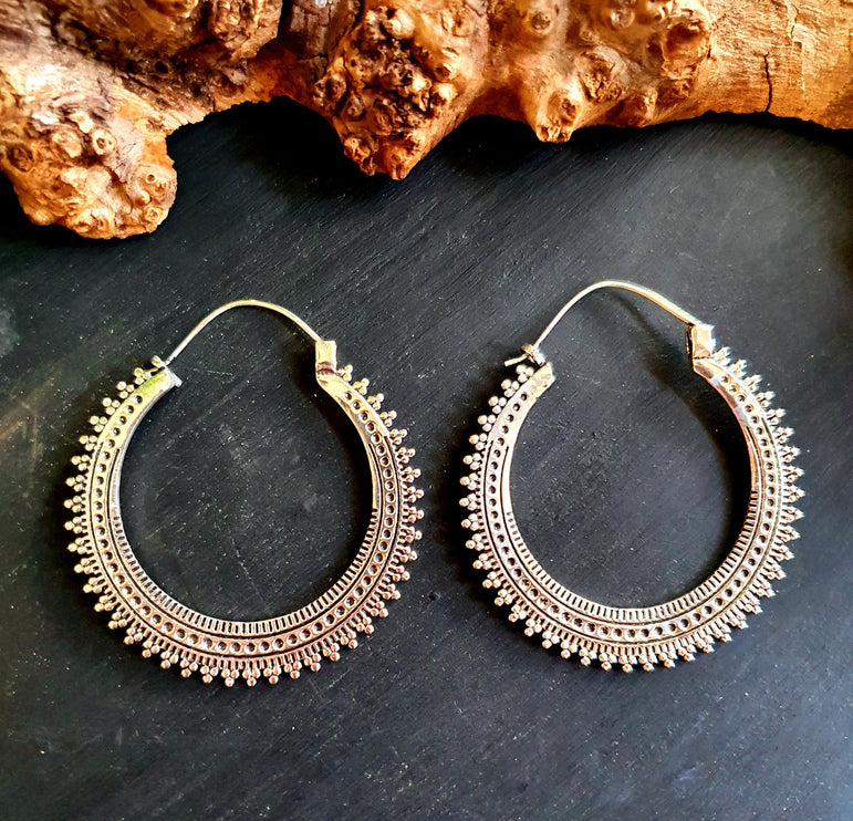 Large Silver Hoop Earrings; Boho Ear Weights Ethnic Rustic Indian Festival Psy Gypsy Spiral Hippie style