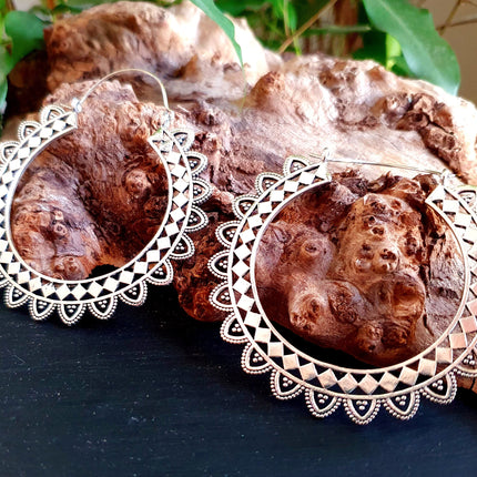 Extra Large Silver Hoop Earrings; Boho Ethnic Rustic Indian Festival Psy Gypsy Spiral Hippie style