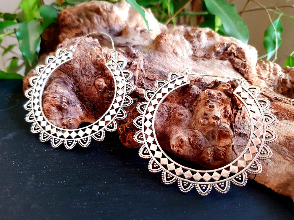 Extra Large Silver Hoop Earrings; Boho Ethnic Rustic Indian Festival Psy Gypsy Spiral Hippie style