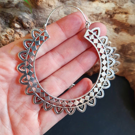 Extra Large Silver Hoop Earrings; Boho Ethnic Rustic Indian Festival Psy Gypsy Spiral Hippie style