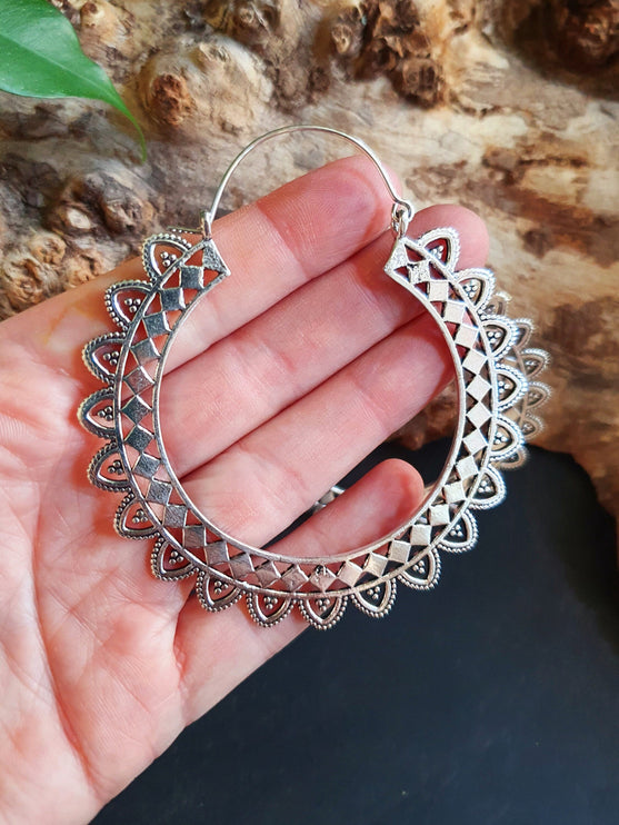 Extra Large Silver Hoop Earrings; Boho Ethnic Rustic Indian Festival Psy Gypsy Spiral Hippie style