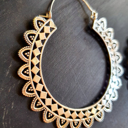 Extra Large Silver Hoop Earrings; Boho Ethnic Rustic Indian Festival Psy Gypsy Spiral Hippie style