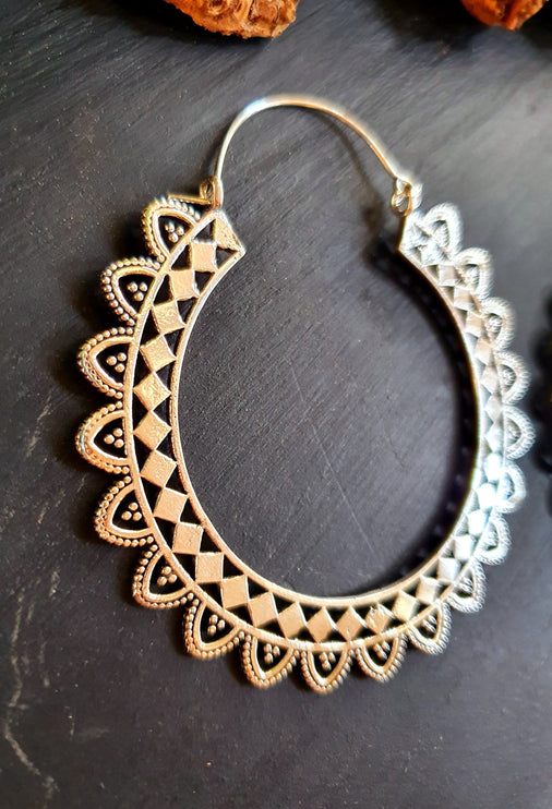 Extra Large Silver Hoop Earrings; Boho Ethnic Rustic Indian Festival Psy Gypsy Spiral Hippie style