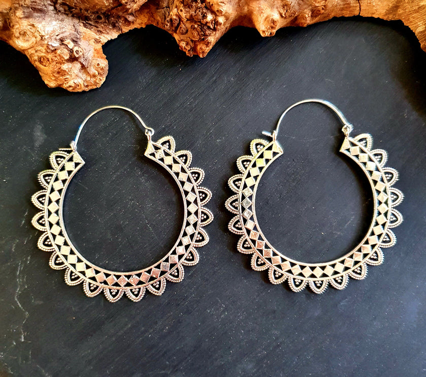 Extra Large Silver Hoop Earrings; Boho Ethnic Rustic Indian Festival Psy Gypsy Spiral Hippie style