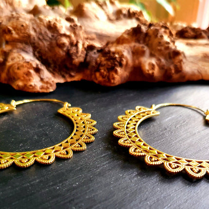 Extra large Brass Hoop Earrings; Boho Ethnic Rustic Indian Festival Psy Gypsy Spiral Hippie style