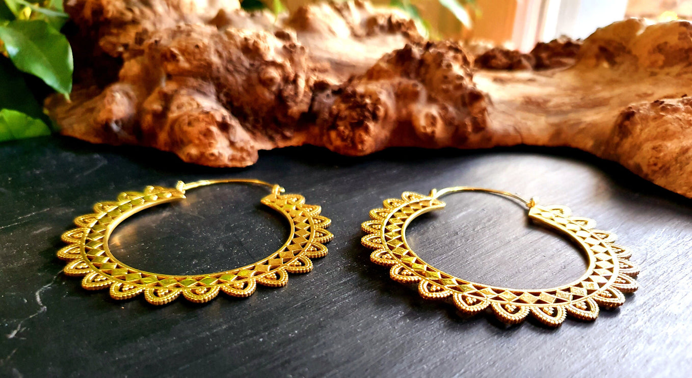 Extra large Brass Hoop Earrings; Boho Ethnic Rustic Indian Festival Psy Gypsy Spiral Hippie style