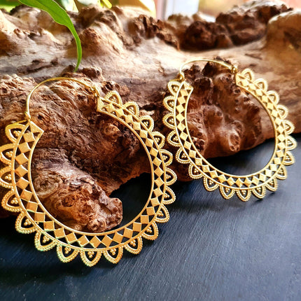 Extra large Brass Hoop Earrings; Boho Ethnic Rustic Indian Festival Psy Gypsy Spiral Hippie style