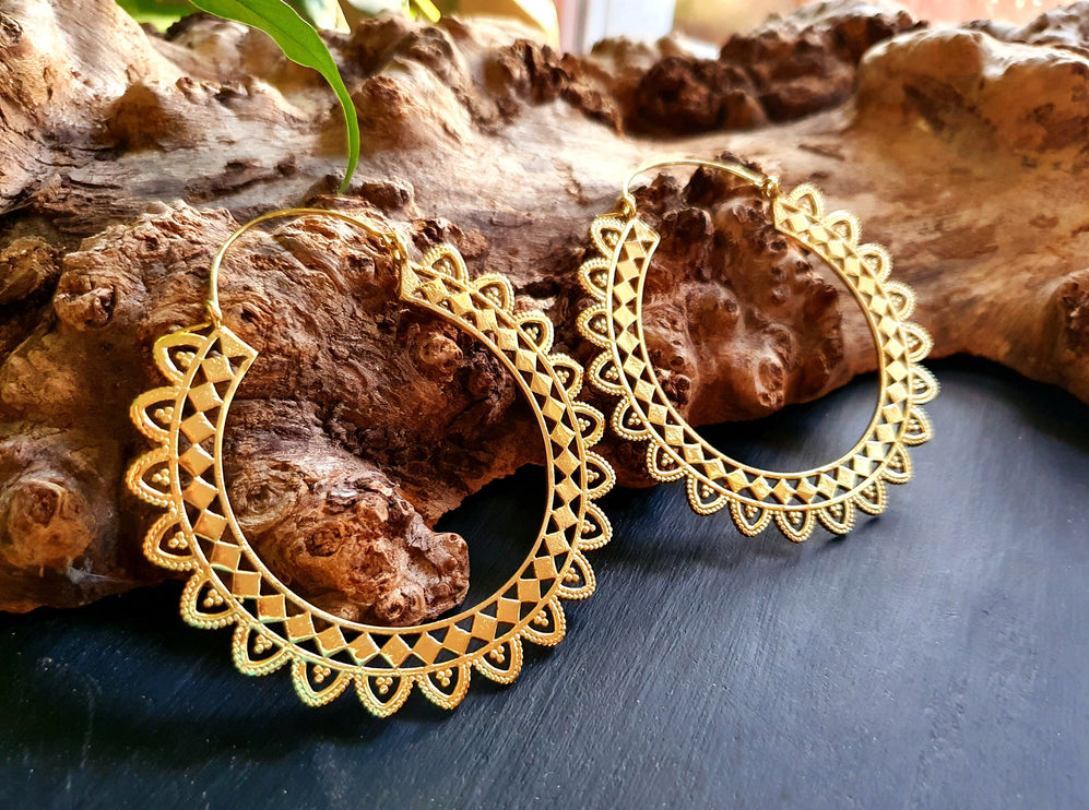 Extra large Brass Hoop Earrings; Boho Ethnic Rustic Indian Festival Psy Gypsy Spiral Hippie style