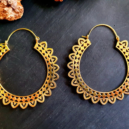 Extra large Brass Hoop Earrings; Boho Ethnic Rustic Indian Festival Psy Gypsy Spiral Hippie style