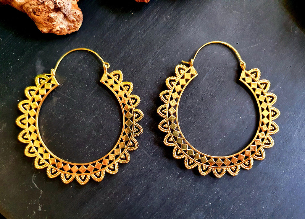 Extra large Brass Hoop Earrings; Boho Ethnic Rustic Indian Festival Psy Gypsy Spiral Hippie style