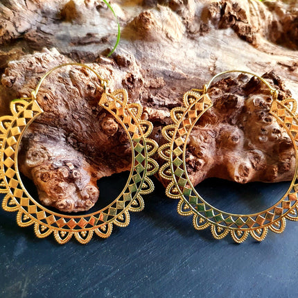 Extra large Brass Hoop Earrings; Boho Ethnic Rustic Indian Festival Psy Gypsy Spiral Hippie style