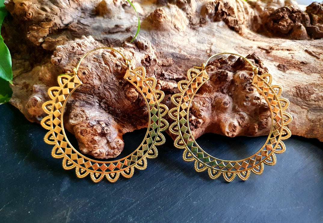 Extra large Brass Hoop Earrings; Boho Ethnic Rustic Indian Festival Psy Gypsy Spiral Hippie style