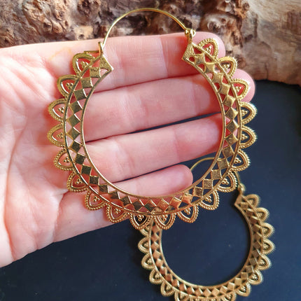 Extra large Brass Hoop Earrings; Boho Ethnic Rustic Indian Festival Psy Gypsy Spiral Hippie style