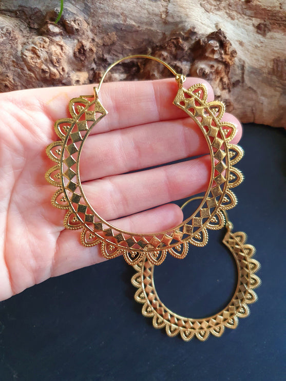 Extra large Brass Hoop Earrings; Boho Ethnic Rustic Indian Festival Psy Gypsy Spiral Hippie style