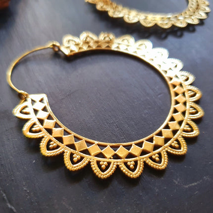 Extra large Brass Hoop Earrings; Boho Ethnic Rustic Indian Festival Psy Gypsy Spiral Hippie style