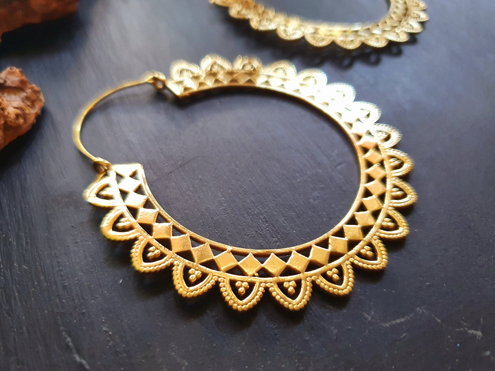 Extra large Brass Hoop Earrings; Boho Ethnic Rustic Indian Festival Psy Gypsy Spiral Hippie style