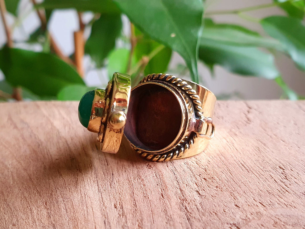 Gold Poison Ring / Brass & Green Onyx / Alchemy / Locket Ring / Boho / Bohemian / Rustic / Tribal / Gypsy / Festival / Healing / Festival