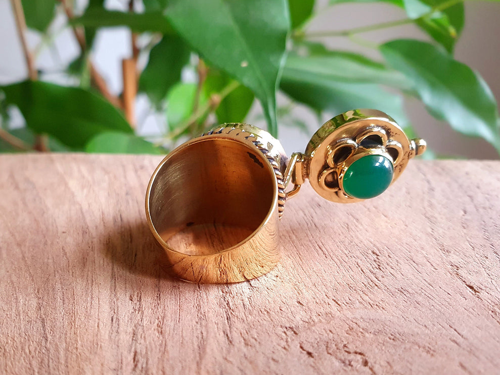 Gold Poison Ring / Brass & Green Onyx / Alchemy / Locket Ring / Boho / Bohemian / Rustic / Tribal / Gypsy / Festival / Healing / Festival