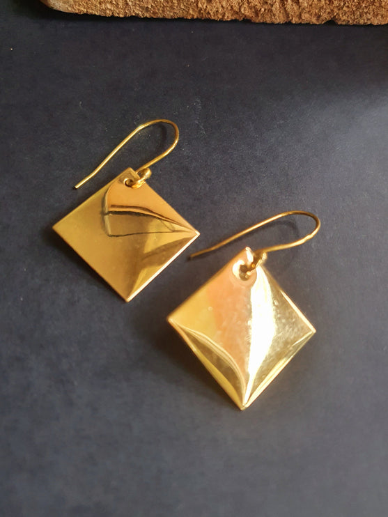 Minimalist Square Gold Pendant Drop Earrings / Geometric Ethnic Boho Classic Bohemian Chic Gypsy Spiral Hippie Festival Tribal style