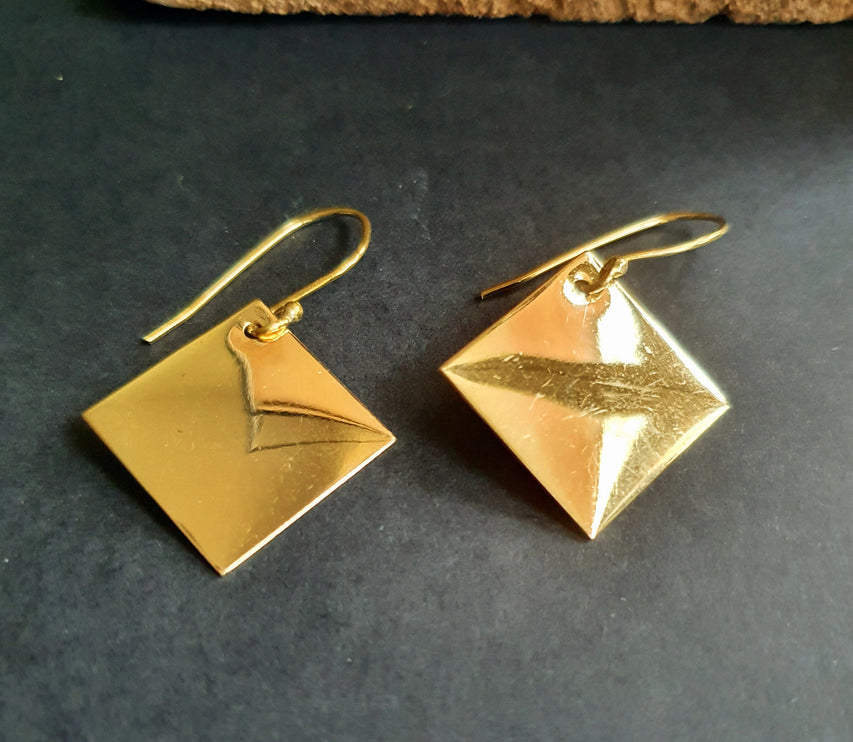 Minimalist Square Gold Pendant Drop Earrings / Geometric Ethnic Boho Classic Bohemian Chic Gypsy Spiral Hippie Festival Tribal style