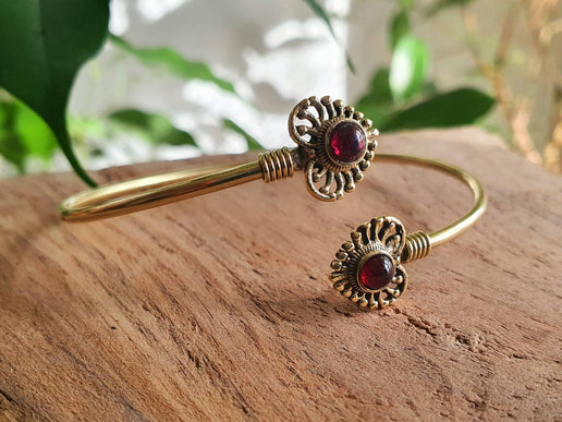 Boho Heart Bracelet / Bangle / Red Garnet / Brass / Ethnic / Rustic / Bohemian / Hippie / Gypsy / Love / Jewellery / Body / Adjustable