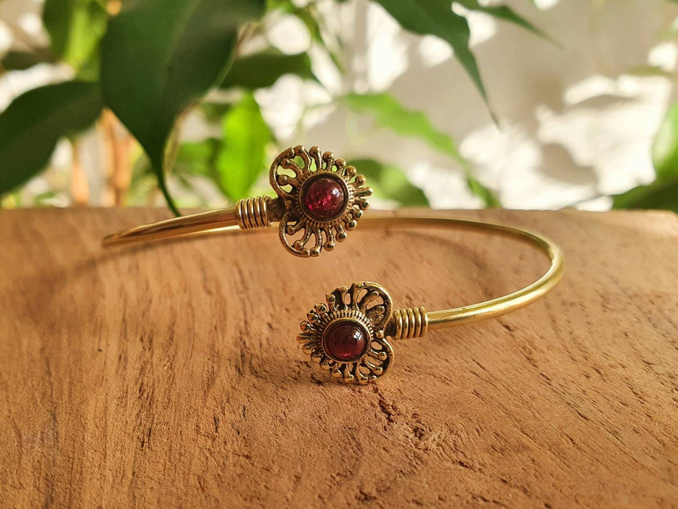 Boho Heart Bracelet / Bangle / Red Garnet / Brass / Ethnic / Rustic / Bohemian / Hippie / Gypsy / Love / Jewellery / Body / Adjustable