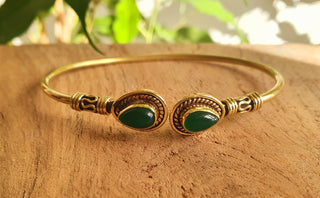 Bali Boho Brass Bracelet / Green Onyx / Bangle / Ethnic / Rustic / Bohemian / Hippie / Gypsy / Psy / Adjustable