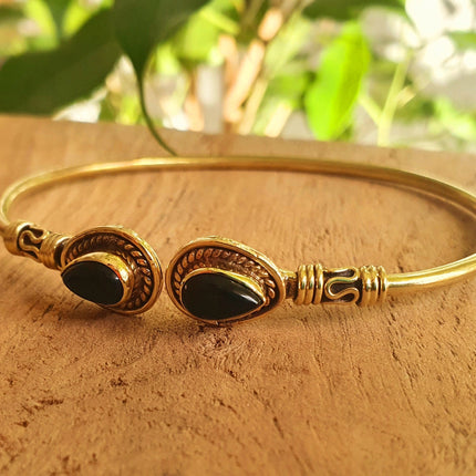 Bali Boho Brass Bracelet / Black Onyx / Bangle / Ethnic / Rustic / Bohemian / Hippie / Gypsy / Psy / Adjustable