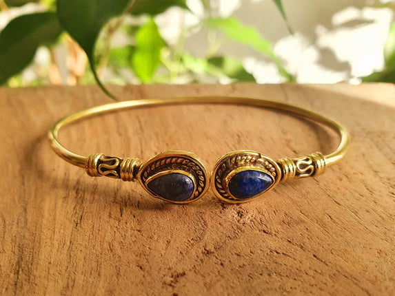 Bali Boho Brass Bracelet / Lapis Lazuli / Bangle / Ethnic / Rustic / Bohemian / Hippie / Gypsy / Psy / Adjustable