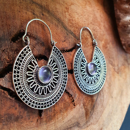 Amethyst & Silver Hoop Earrings Ethnic, rustic, yoga, hippie, gypsy, pretty, psy, boho, bohemian, festival