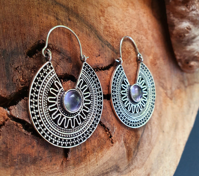 Amethyst & Silver Hoop Earrings Ethnic, rustic, yoga, hippie, gypsy, pretty, psy, boho, bohemian, festival