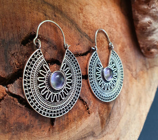 Amethyst & Silver Hoop Earrings Ethnic, rustic, yoga, hippie, gypsy, pretty, psy, boho, bohemian, festival
