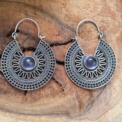 Amethyst & Silver Hoop Earrings Ethnic, rustic, yoga, hippie, gypsy, pretty, psy, boho, bohemian, festival