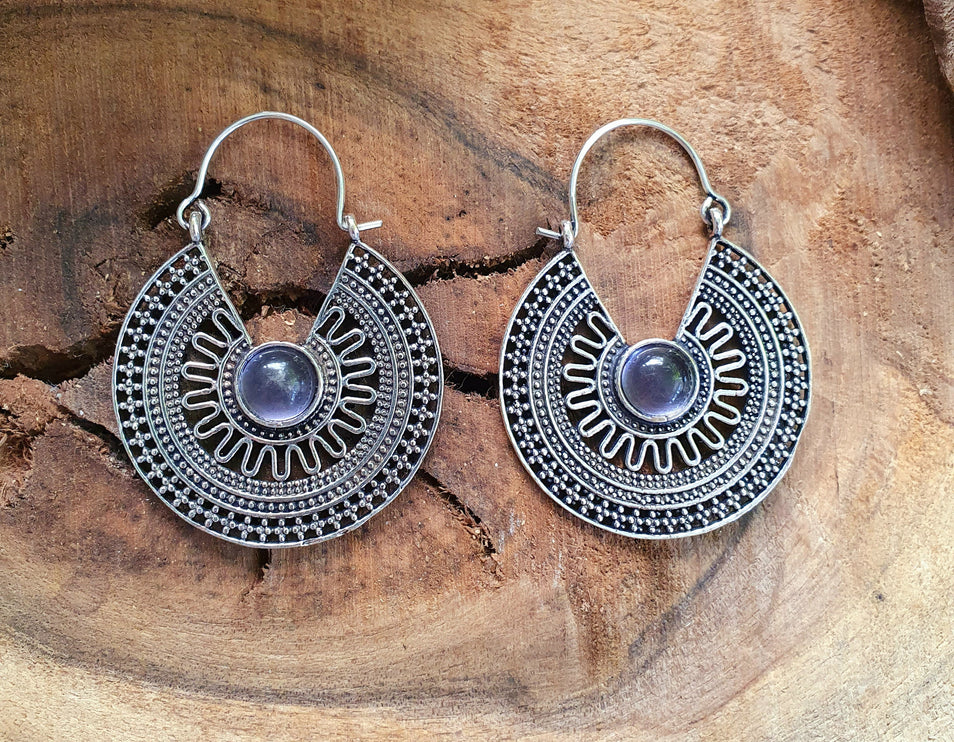 Amethyst & Silver Hoop Earrings Ethnic, rustic, yoga, hippie, gypsy, pretty, psy, boho, bohemian, festival