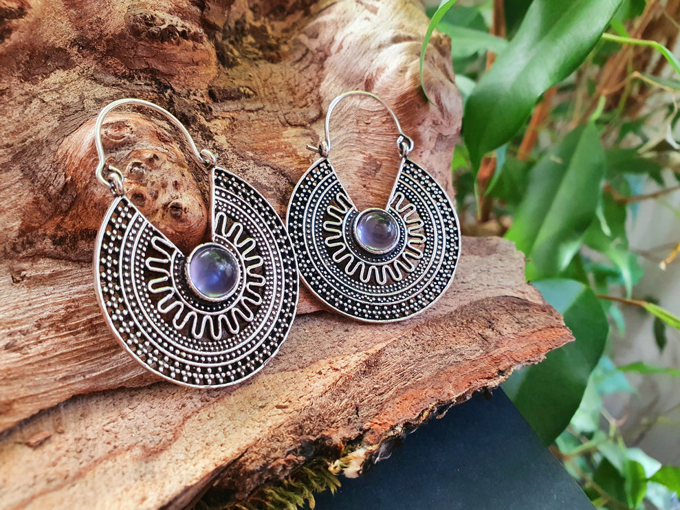 Amethyst & Silver Hoop Earrings Ethnic, rustic, yoga, hippie, gypsy, pretty, psy, boho, bohemian, festival