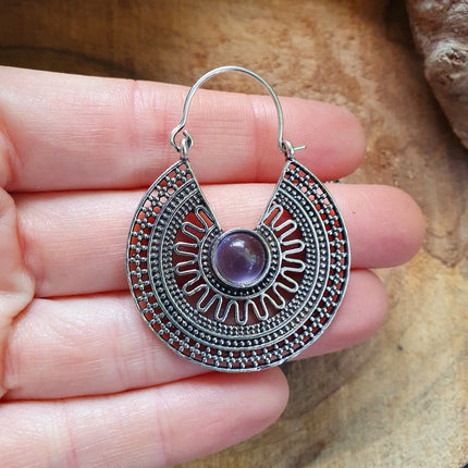 Amethyst & Silver Hoop Earrings Ethnic, rustic, yoga, hippie, gypsy, pretty, psy, boho, bohemian, festival