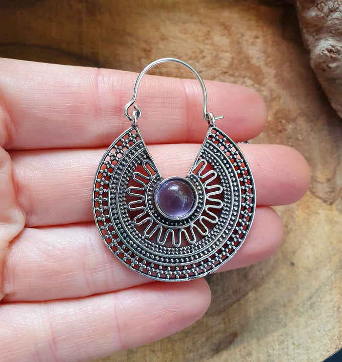 Amethyst & Silver Hoop Earrings Ethnic, rustic, yoga, hippie, gypsy, pretty, psy, boho, bohemian, festival