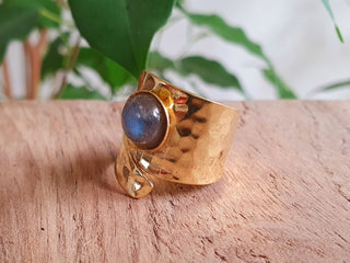 Adjustable Labradorite Ring Hammered Brass Boho Ring