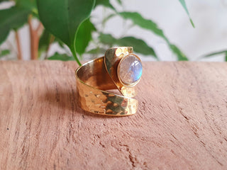 Adjustable Labradorite Ring Hammered Brass Boho Ring