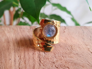 Adjustable Labradorite Ring Hammered Brass Boho Ring
