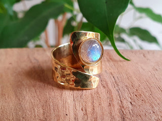 Adjustable Labradorite Ring Hammered Brass Boho Ring