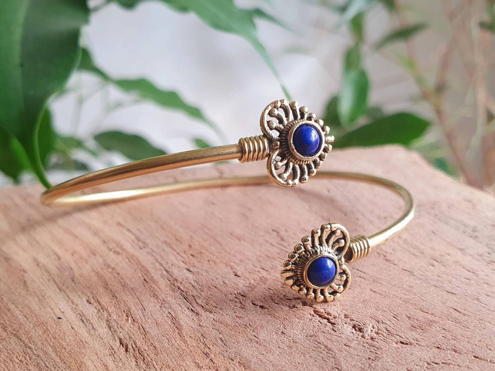 Lapis Lazuli Bracelet / Gold Bangle / Brass / Ethnic / Rustic / Bohemian / Hippie / Gypsy / Love / Jewellery / Body / Adjustable