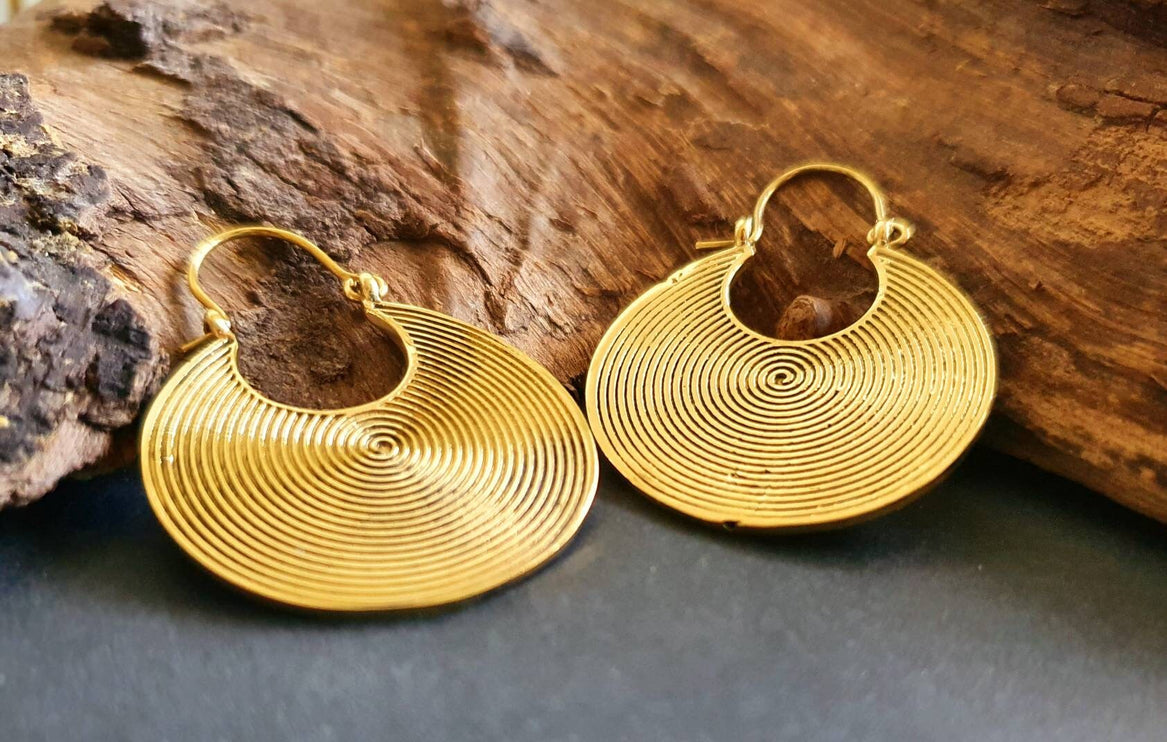 Geometric Circle Tribal Brass earrings; Boho Ethnic Rustic Indian Festival Psy Gypsy Spiral Hippie Tribal style