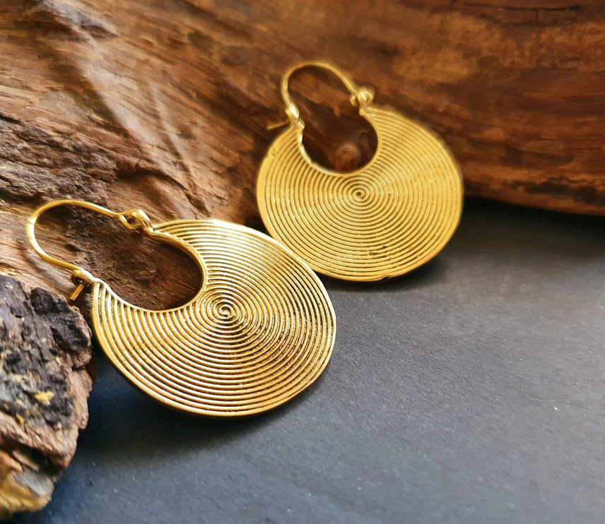 Geometric Circle Tribal Brass earrings; Boho Ethnic Rustic Indian Festival Psy Gypsy Spiral Hippie Tribal style